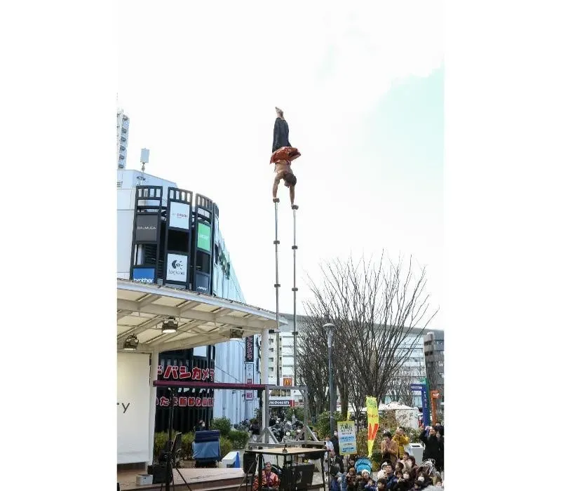 長い棒の上で逆立ちをする男性