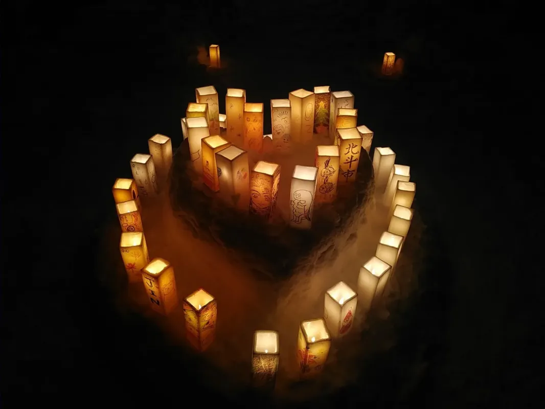 雪の中に置かれた多数の灯篭の写真。灯篭は四角い形で、それぞれに絵や文字が描かれている。灯篭はハートの形に配置され、幻想的な雰囲気を作り出している。