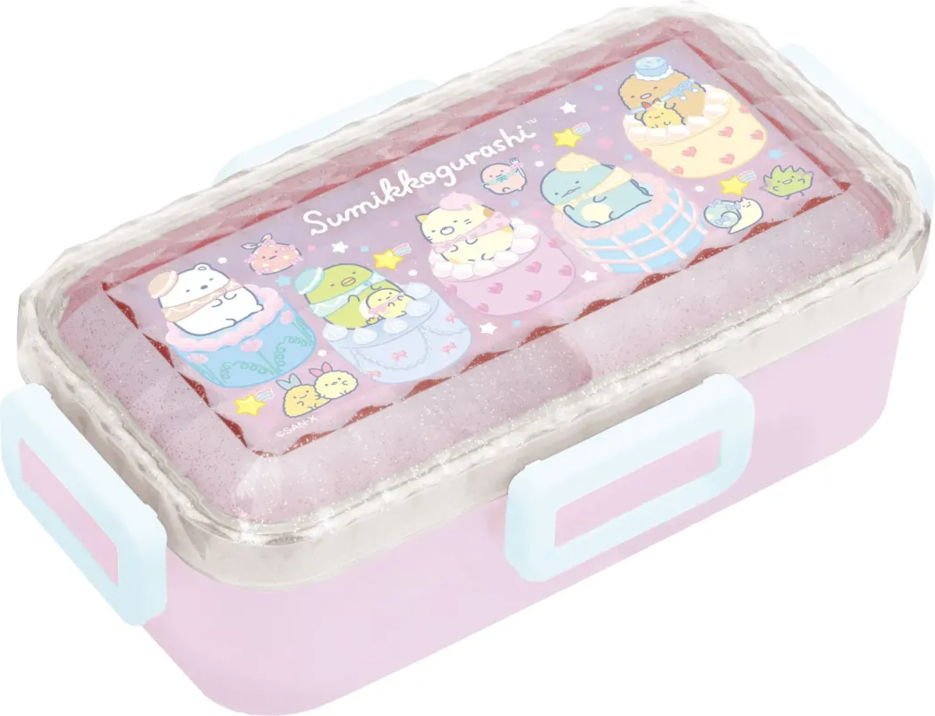すみっコぐらしのキャラクターが描かれたピンク色の弁当箱です。